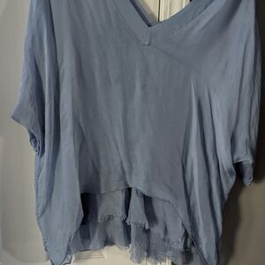 Women's Light Blue V-Neck Silk Top